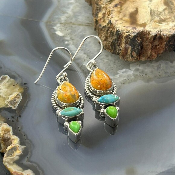 Sterling Silver Southwestern Style Multistone Dangle Earrings For Women #2 - Picture 4 of 10